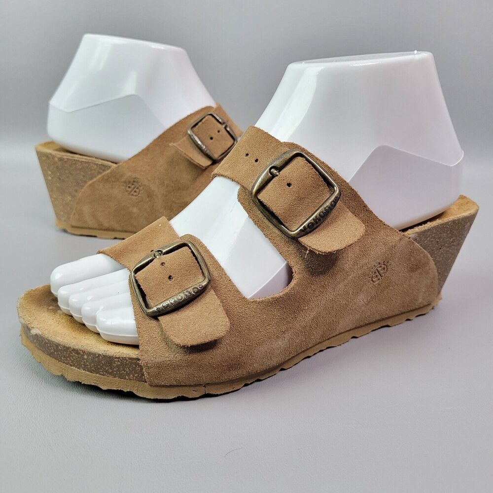 YOKONO Suede Double-Buckle Wedge Sandal - Tan